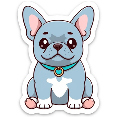 Grey French bulldog with turquoise collar sitting facing forward sticker