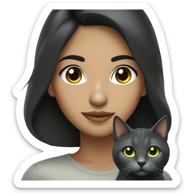 A Hispanic woman  with light freckles with  long black hair holding a Dark gray cat with light green eyes sticker