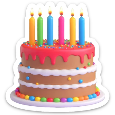 animated birthday cake, 3D style, glossy icing, colorful candles, sparkles sticker