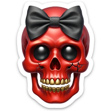 make me a red crystal skull partly see thew super gem like make it realistic and held together by a big black bow super realistic skull cracking all over the eyes are black gems with a hint of gold in the center sticker