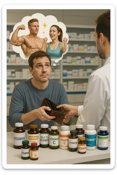 a man stands at a pharmacy counter, handing over a nearly empty wallet to the cashier while the counter is filled with bottles of supplements and vitamins. His expression is hopeful but slightly anxious. In the background, a thought bubble shows exaggerated images of instant health and fitness, symbolizing unrealistic expectations.  in italiano super realistica sticker