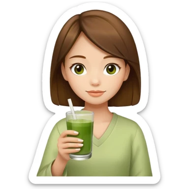 The matcha must be in a glass, so a vanilla matcha in a glass. It must look completely like matcha, and a girl with brown hair should then hold the matcha glass in her hand, but the matcha must look like matcha, and the girl must look younger. sticker