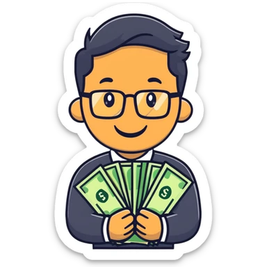Indian finance bro with glasses, smiling, holding a stack of money, cartoon sticker sticker