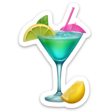Bluish green cocktail with pink and yellow sticker