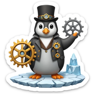 a steampunk engineer penguin fixing a complex gears system on top of an iceberg sticker
