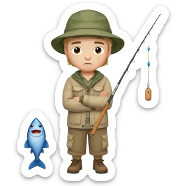 A boy with crossed arms, looking annoyed, dressed in fishing clothes full body sticker
