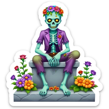 Cinematic ultra detailed 32k HD Psychedelic colored hippie style zombie with flowers sitting on a tombstone sticker