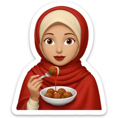 woman wearing a cream colored pashmina hijab eating meatballs sticker