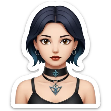 Leather choker with sigil around woman’s neck, pulse visible, dominance tone sticker