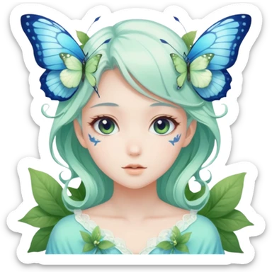 Beautiful pastel white and green and blue fae-butterfly-floral-anime-lady divine gorgeous beautiful with nature background  sticker
