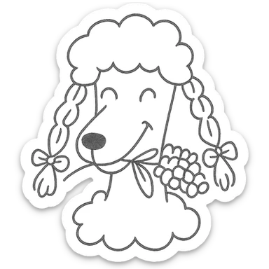 Peach-colored poodle with a narrow, short-haired face, hairstyle like Artemone. Long fluffy ears, each with a thin braid tied with a pink bow at the end. Happy face, smiling. A lilac branch in the mouth. sticker
