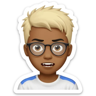 Black Male Teenager with Short punk messy blonde hair, Dark brown bushy eyebrows large expressive golden-brown eyes, wearing a plain white t-shirt, wearing thick black glasses, Dark Brown skin color. vampire tooth sticker