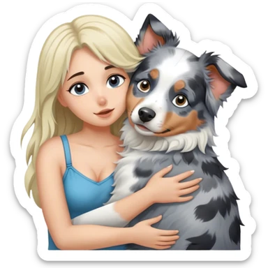 Blue merle Australian shepherd dog cuddling blonde girl sticker