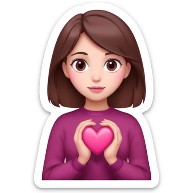 A girl with brown hair smiles, gray eyes, wearing a burgundy sweater, holding a pink heart in her hands sticker