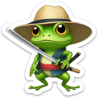 frog wearing a Japanese hat holding a katana sticker