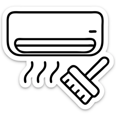 outlined icon of air conditioning cleaning with an AC unit and a cleaning brush sticker