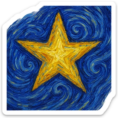 a star in the style of van Gogh's Starry Night, with swirling brushstrokes and vibrant colors, post-impressionist style, expressive lines, thick impasto texture, blue-yellow palette, bold color contrasts, swirling night sky patterns sticker