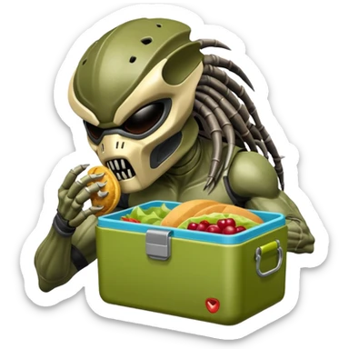 The predator with mask eating from a lunchbox, the setting should not be cartoon like. sticker