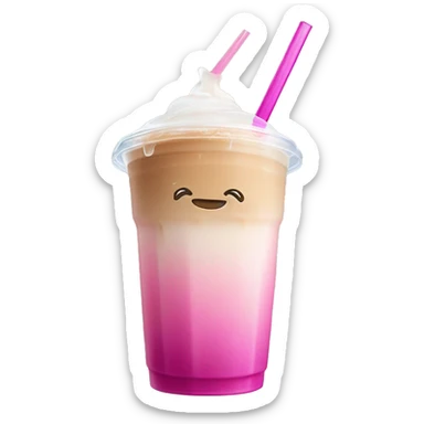 iced latte with a gradient, ￼￼in a clear plastic cup, with a pink straw sticker
