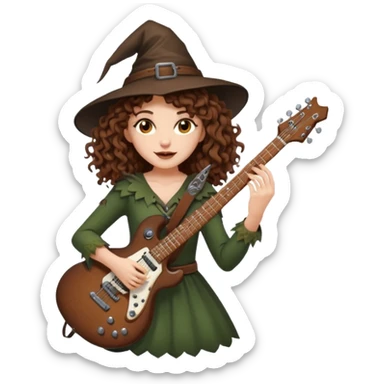 Brown eyes, brown hair curly forest witch playing electric guitar sticker