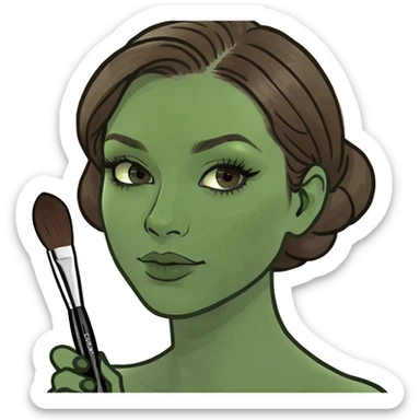 Aesthetician with brown hair, holding a makeup brush sticker