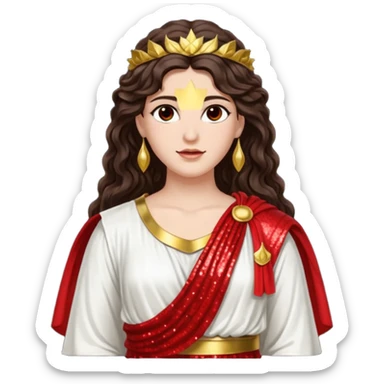 Libertas, Goddess of Freedom from Roman Deities with long dark brown wavy hair, white and red sequin toga sticker