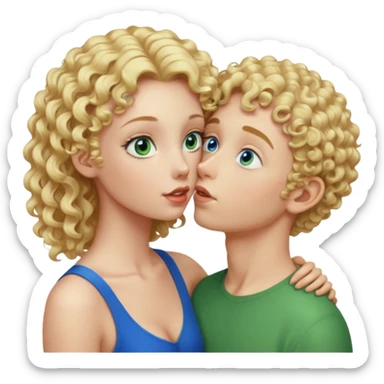 Tall curly blonde girl blue eyes pale kissing hairless boy with green eyes  sticker
