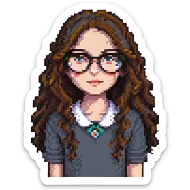 girl with long wavy brown hair wearing glasses pixel art sticker