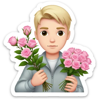 A cool bad boy with fair skin holding a bouquet of pink jasmine roses sticker