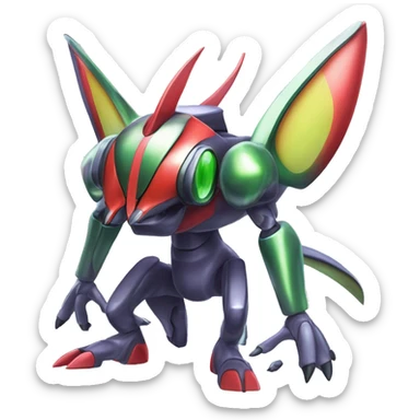 a shiny metallic Genesect-Flygon-Raptor-Fakémon-Medabot-hybrid with a futuristic visor-helmet full body sticker