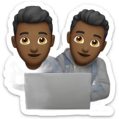 two tech guys working on a laptop sticker
