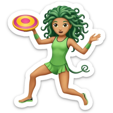 medusa, wearing an athletic outfit, throwing a frisbee sticker