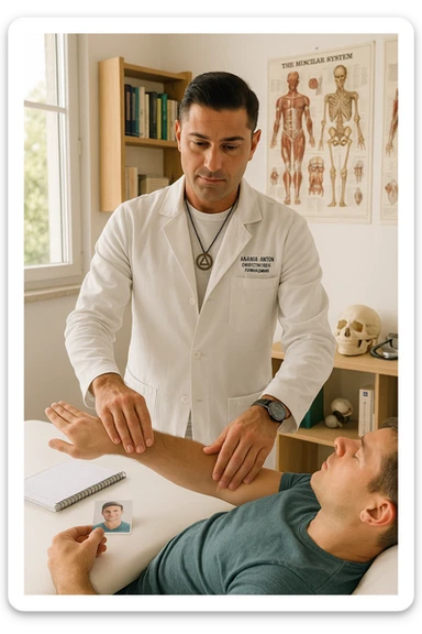 a middle-aged man, dressed in casual professional attire, is in a bright, organized therapy studio. Durante una visita di kinesiologia, il praticante tiene con una mano la foto di una persona lontana (il “testimone”) appoggiata su un tavolo, mentre con l’altra mano esegue un test muscolare su un cliente presente. Sullo sfondo si vedono libri di kinesiologia, poster anatomici e strumenti tipici della disciplina. L’atmosfera è concentrata e serena, con luce naturale che entra dalla finestra, sottolineando l’aspetto alternativo e umano della pratica. sticker