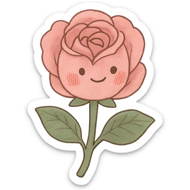 soft pink rose blossom, Japanese kawaii hand-drawn, full object, transparent background, with blushing cheeks sticker