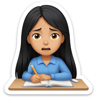 Pretty tanned girl with long black hair, crying out about homework sticker