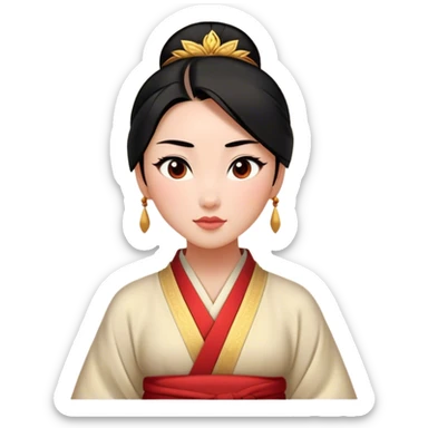Cinematic Elegant Mulan Portrait Emoji, rendered in a realistic, vector-style with minimal shading and bold, simplified shapes. Depict Mulan (chest and above) with warm, light-toned skin, almond-shaped eyes, and sleek black hair styled in a traditional bun. She wears a modest, traditional robe with subtle red and gold accents, glowing with a soft, refined radiance and high shine, capturing timeless beauty and inner strength. sticker