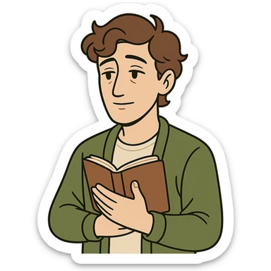 Calm and thoughtful male confidant, fair skin, soft wavy brown hair, gentle eyes, wearing a green cardigan over a light shirt, holding an open journal close to chest, waist-up, front-facing, pure background sticker