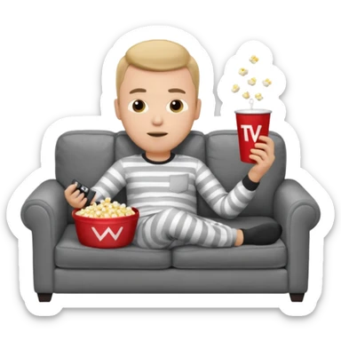 male memoji, lazy man in pajamas, lying on couch, holding TV remote, relaxed face, casual home vibe, popcorn bucket, watch tv sticker