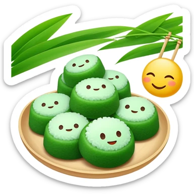 Qingming Festival green rice balls Qingtuan with sweet filling, simplified emoji style with bold outlines and bright colors, cartoon style green mochi-like dessert sticker