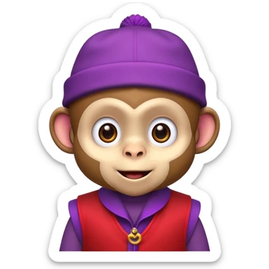 Cute monkey inspired by Abu from Aladdin, big expressive eyes, purple vest, red fez hat, mischievous grin. Emoji-style, bold outlines, bright colors, centered face on transparent background, high quality, vector style. sticker
