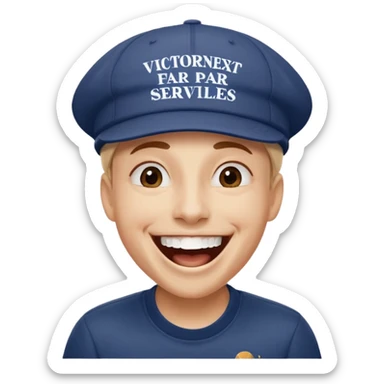 Crea una persona con una gorra de marca riéndose y abajo diga victornext siempre para serviles sticker