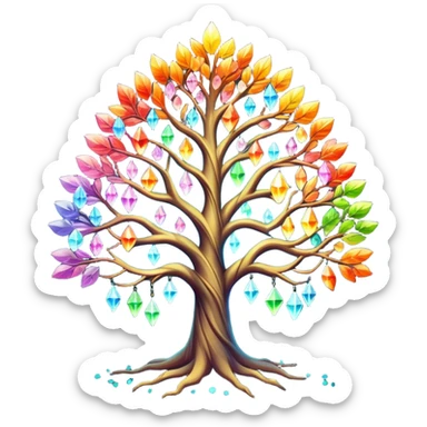 Spiritual magical ethereal colorful tree with crystals hanging in it sticker