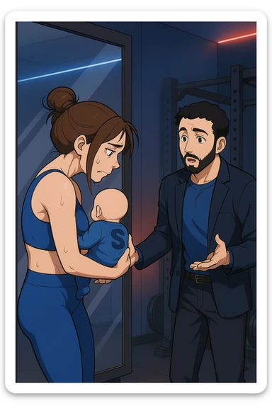 ispirati a questo stile di disegno e fai questa immagine in versione manga/webtoon a colori, il manga mostra la donna che si guarda alla specchio preoccupata di profilo con la postura sbagliata e incurvata, spalle chiuse e curve in avanti, con un neonato in braccio con una tutina azzurra e la scritta "S" blu sulla schiena, spina dorsale storta della donna in evidenza mentre al suo fianco anche l'uomo guarda la donna riflessa nello specchio e le spiega una cosa, ma non fare i fumetti, fai come se stessero parlando sticker