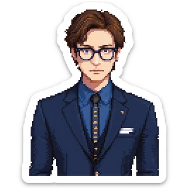 Flat pixel art, focused and reserved male architect, American, Caucasian features, short sleek brown hair, wearing glasses, intense sharp eyes, wearing a deep indigo suit jacket over a black shirt, holding a blue print, waist-up, front-facing sticker