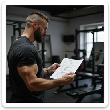 Bodybuilding coach explaining a simple cycle start protocol, holding a sheet with readable text: 'Ciclo base: testosterone enantato 250 mg/settimana, 8 settimane, protezione: tamoxifene 10 mg/die'. Gym environment, hyperrealistic 4K details. sticker