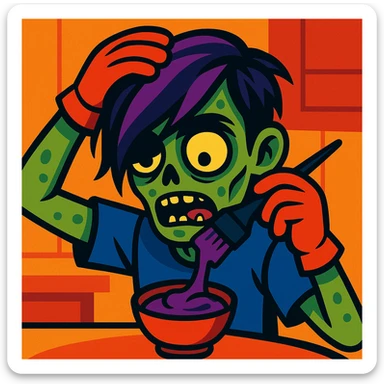 zombie boy with emo hairstyle dyeing his hair, expressive, detailed, vibrant colors sticker