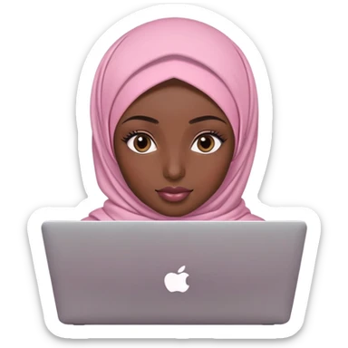 Dark skin skin woman wearing light pink hijab with natural makeup, long eyelashes and lip gloss working behind laptop sticker