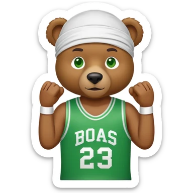 Cool brown bear with green eyes shown to shoulders, white durag, green and white basketball jersey visible on upper chest and shoulders, iOS emoji style sticker
