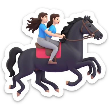 brunette girl with long hair riding a black horse without a saddle, both running, dynamic scene sticker