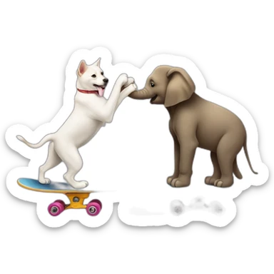 Un chien qui fait du skate avec un chat sur le dos en train de tenir un éléphant sticker